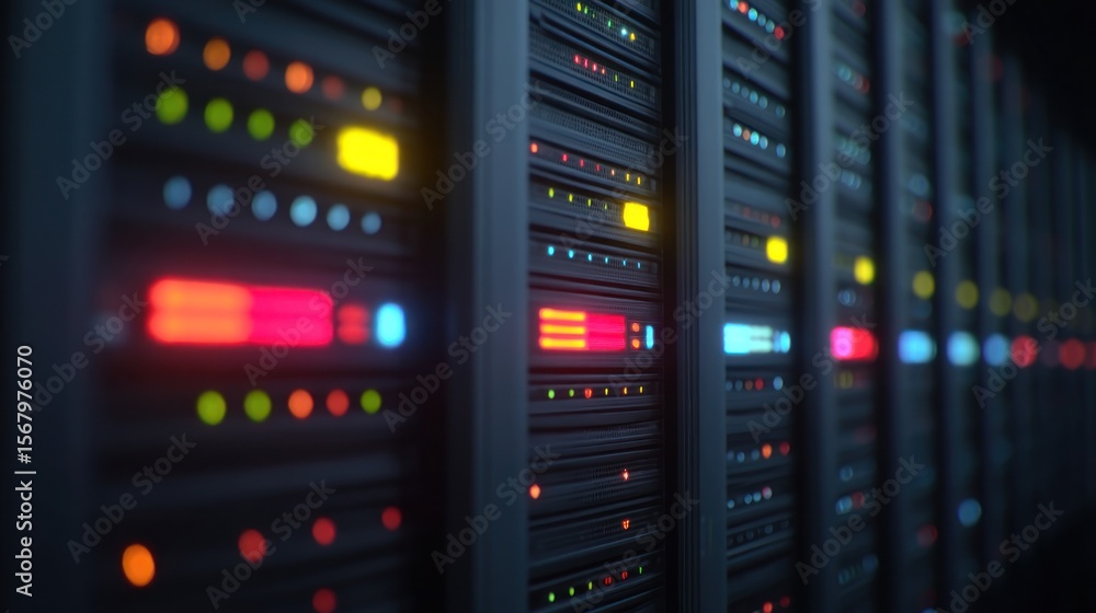 Poster illuminated server racks data center network technology