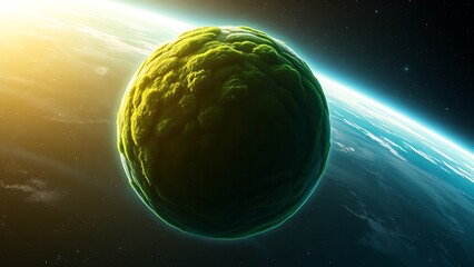 Lush green planet floating in space with a glowing atmosphere, depicting cosmic beauty.
