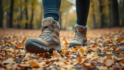 Close-up of female legs in hiking boots walking on the ground with yellow-orange dry autumn leaves in the park and forest in autumn season. Generative AI