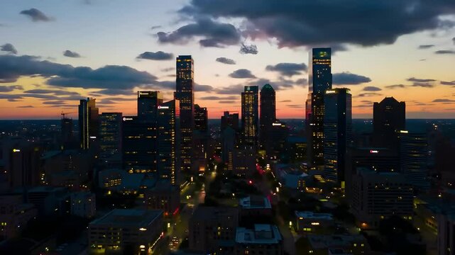 Aerial view of modern city skyline during vibrant sunset light and evening transition