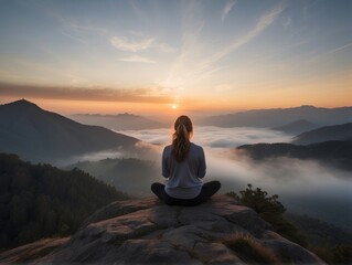 photo shot of woman practices maditation from the back and meditates on mountain background
