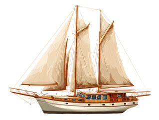 Elegant wooden schooner with tan sails and white hull sailing on the water isolated on transparent background