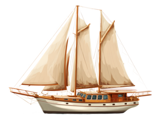 Elegant wooden schooner with tan sails and white hull sailing on the water isolated on transparent background