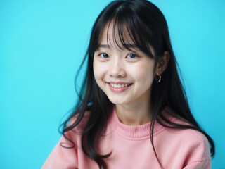 A radiant asian young girl with a genuine smile looks at the camera.