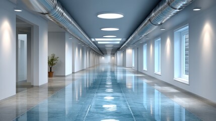 Modern, light-filled hallway with reflective floor