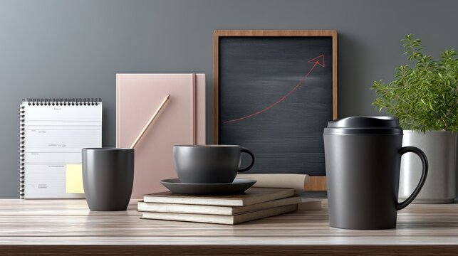 Desk scene, coffee, growth, productivity