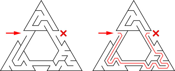 Three triangles tied with passageway. Easy level of difficulty triangular labyrinth with solution. Black and white vector puzzle for kids and parents