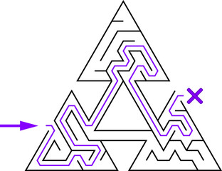 Three triangles tied with passageway. Easy level of difficulty triangular labyrinth with solution. Black and white vector puzzle for kids and parents