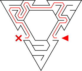 Three triangles tied with passageway. Easy level of difficulty triangular labyrinth with solution. Black and white vector puzzle for kids and parents