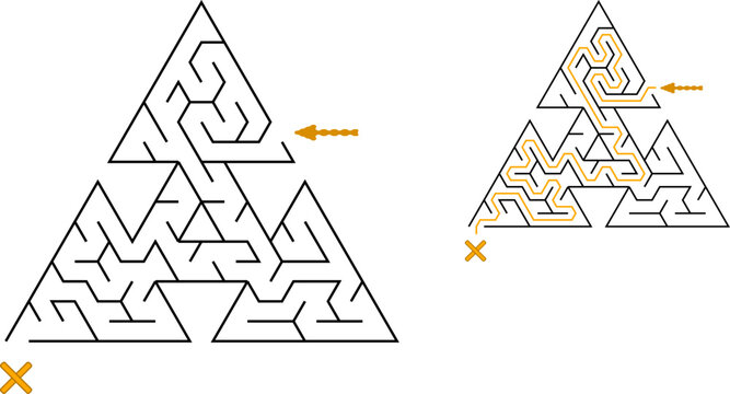 Three triangles tied with passageway. Easy level of difficulty triangular labyrinth with solution. Black and white vector puzzle for kids and parents