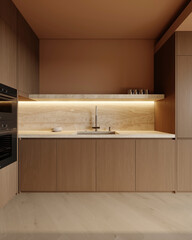 kitchen and living room interior in brown mocha mousse 2025 color with modern decoration - 3D rendering