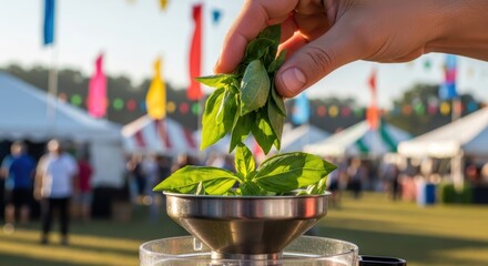 Hand holding fresh basil leaves at outdoor market festival with tents and colorful flags