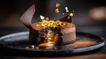 Gold leaf garnish crowning decadent chocolate soufflé with warm molten core on refined black stone serving dish