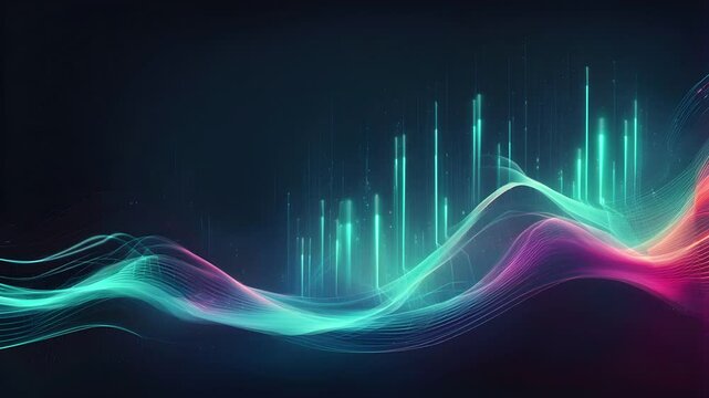 Abstract image showcasing flowing teal magenta digital waves vibrant green vertical lines, creating a dynamic futuristic visual.