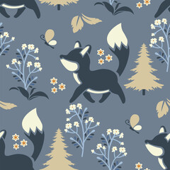 pattern fabric fox flat design minimalist Dark blue