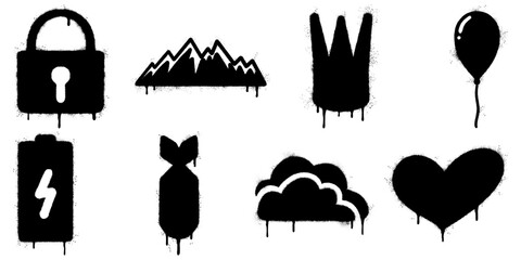 Graffiti Icon Collection Black Spray Paint Symbols on White Background. includes a padlock, mountains, crown, balloon, battery, bomb, clouds, and heart.