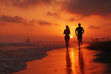 Fototapeta premium Silhouettes of a man and woman running along the shore at sunset, promoting a healthy and active lifestyle