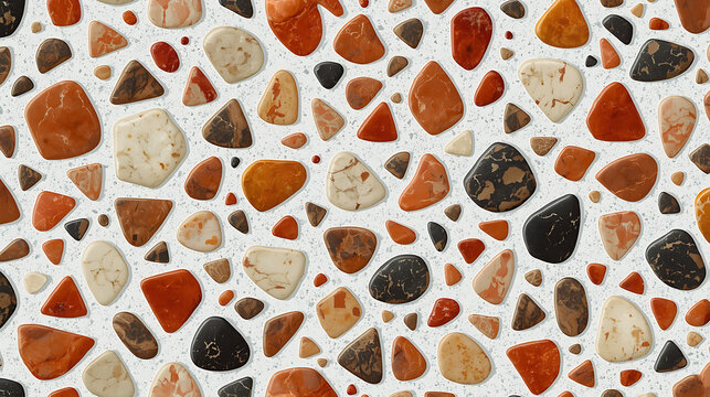 The terrazzo pattern features polished stone-like shapes in earthy tones, randomly arranged on a white speckled background, with a smooth, glossy finish and a mix of triangular, oval, and polygonal fo