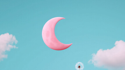 Pink crescent moon in a vibrant blue sky with soft, fluffy pink clouds. Dreamy surreal scene, whimsical fantasy atmosphere, vibrant color contrast.