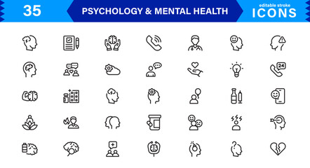 Mental Health & Psychology Icon Set, Professional Illustrations for Therapy, Wellness, and Emotional Awareness Projects.