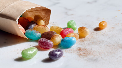 Colorful jelly beans spilling from a brown paper bag onto a white marble surface. Bright candy assortment, sweet treats, playful and cheerful snack concept.