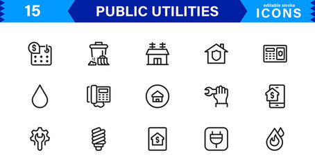Public Utilities Icon Pack, Modern, Scalable Line Art for Water, Electricity, Waste Management & Public Services.