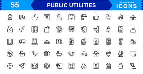 Public Utilities Icon Pack, Modern, Scalable Line Art for Water, Electricity, Waste Management & Public Services.