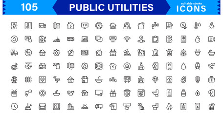 Public Utilities Icon Pack, Modern, Scalable Line Art for Water, Electricity, Waste Management & Public Services.