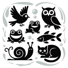 Black animal illustrations with grey accents bird frog