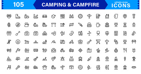 Outdoor Camping and Campfire Icons in Modern Line Style for Adventure, Exploration, Nature Travel