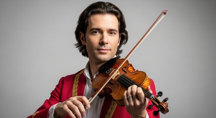 Fototapeta premium Caucasian male adult playing violin in red attire on gray background