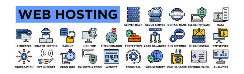 web hosting icon set. Editable Stroke Icon Collection. Server Rack, Cloud Server, Domain Name, SSL Certificate, Data Transfer, Firewall Protection, Load Balancer, DNS Settings, Email Hosting, FTP Serv