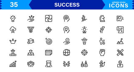 Success Icon Set in Clean Vector Style Featuring Achievement, Goals, Motivation, Rewards, and Growth for Business.
