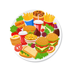 Various fast foods like pizza, burger, fries and drinks served on a plate