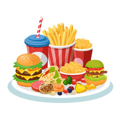 Assorted fast food platter with burgers, fries, and drinks.