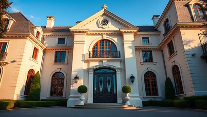 Obraz premium Grand mansion entrance featuring intricate architectural details under clear daylight skies.