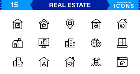 Property and Real Estate Icons Pack in Clean Vector Format with Housing, Building, and Rental Elements.