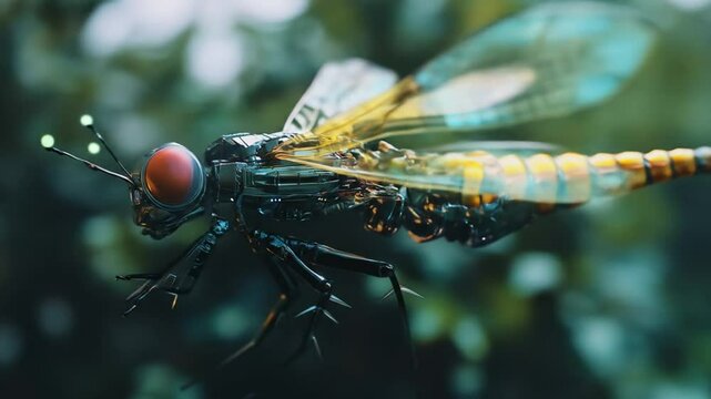 Cybernetic Dragonfly Hovering Near Verdant Foliage