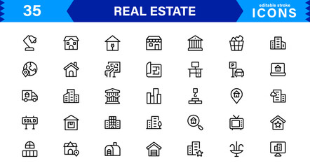 Property and Real Estate Icons Pack in Clean Vector Format with Housing, Building, and Rental Elements.
