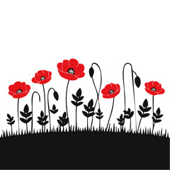Red Poppies in a Field with Black Grass and Leaves, White Shapes