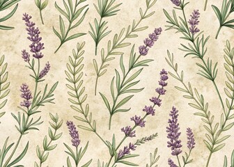 Fototapeta premium Seamless pattern of watercolor lavender sprigs and green leaves on textured parchment background
