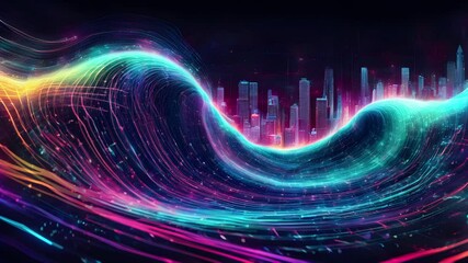 Abstract digital art depicting a vibrant neon wave flowing over a futuristic cityscape night. - Powered by Adobe