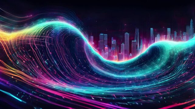 Abstract digital art depicting a vibrant neon wave flowing over a futuristic cityscape night. - Powered by Adobe