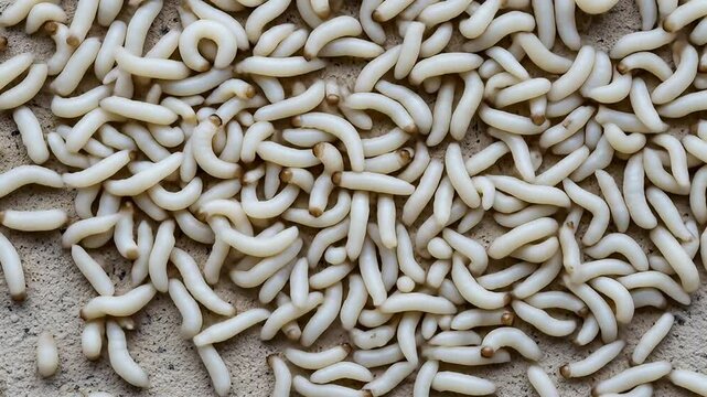 Close Up View of White Maggots Moving on Surface