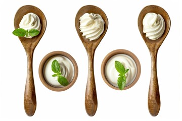 detailed picture of Fresh yogurt in spoons and bowls isolated on white, collage