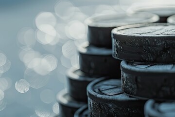clear pixel picture of Stack of hockey pucks ready for a game.