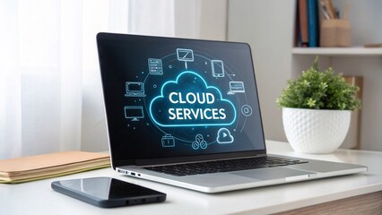 A laptop displays a cloud services graphic on a desk in a bright room