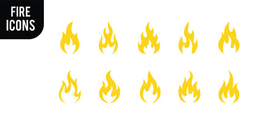 "Fire flame icon set. Bonfire and flame symbols collection in flat style."
