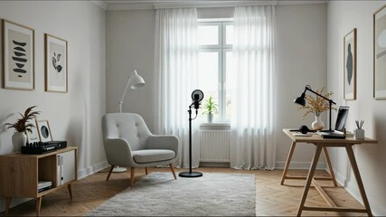 Cozy room interior with desk, chair,  art and natural light - Powered by Adobe