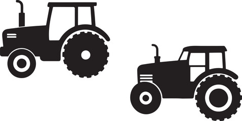 Two black tractor silhouettes facing different directions on a white background silhouette
